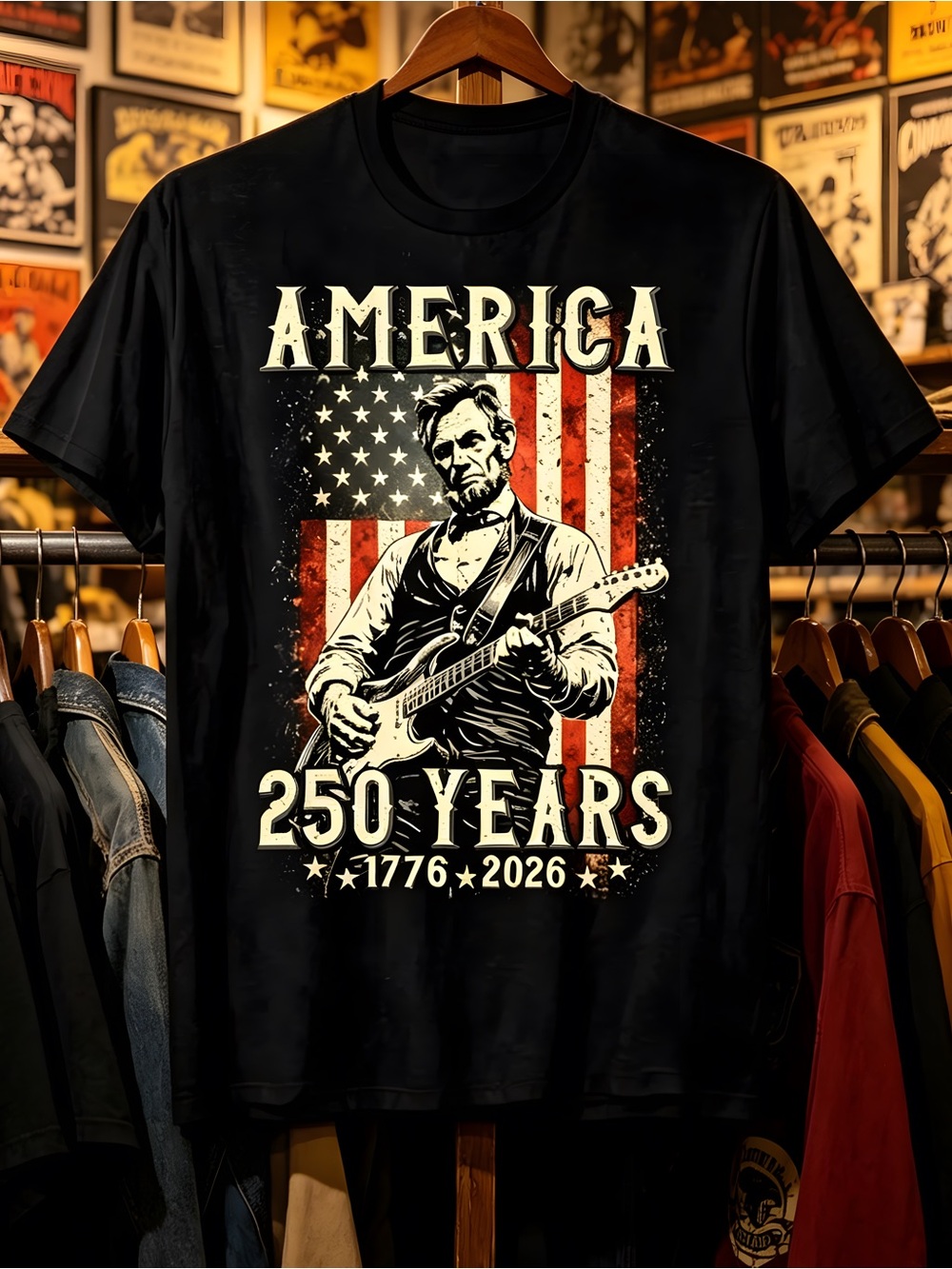 Abraham Lincoln Playing Guitar 4th July 250th Anniversary T-Shirt